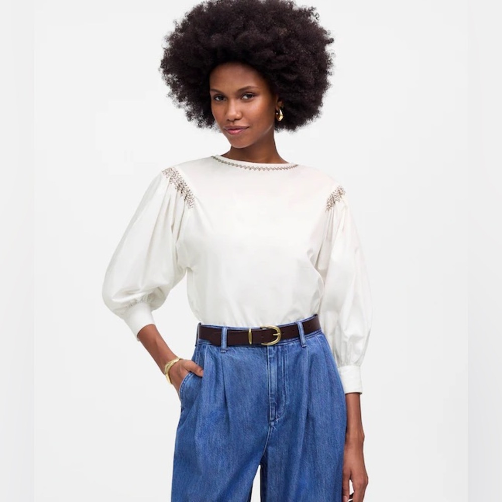Madewell women’s Embroidered Poplin Balloon-Sleeve Top white  Size S NWT